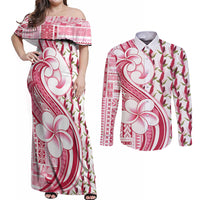 Samoa Teuila Couples Matching Off Shoulder Maxi Dress and Long Sleeve Button Shirt White Samoan Siapo Motifs