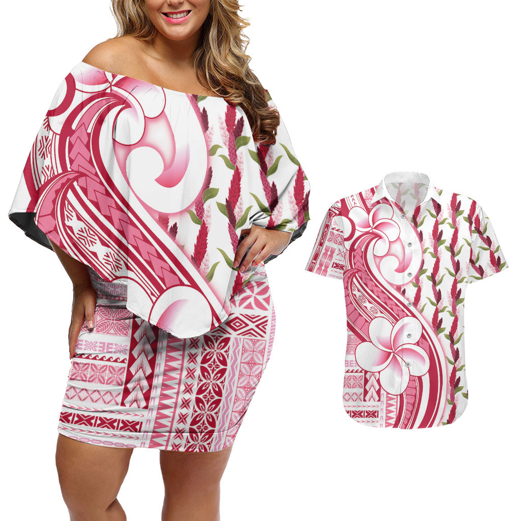Samoa Teuila Couples Matching Off Shoulder Short Dress and Hawaiian Shirt White Samoan Siapo Motifs