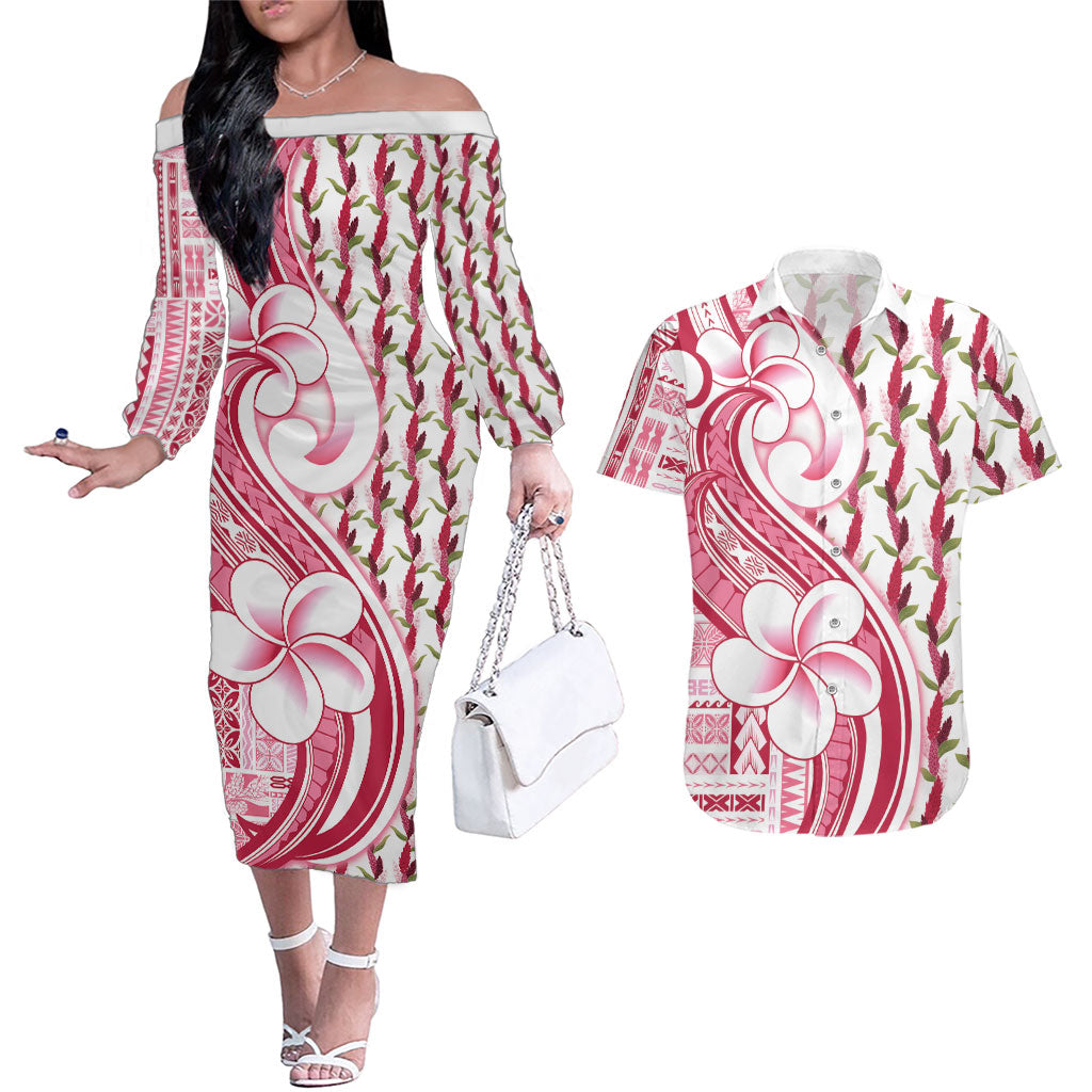 Samoa Teuila Couples Matching Off The Shoulder Long Sleeve Dress and Hawaiian Shirt White Samoan Siapo Motifs