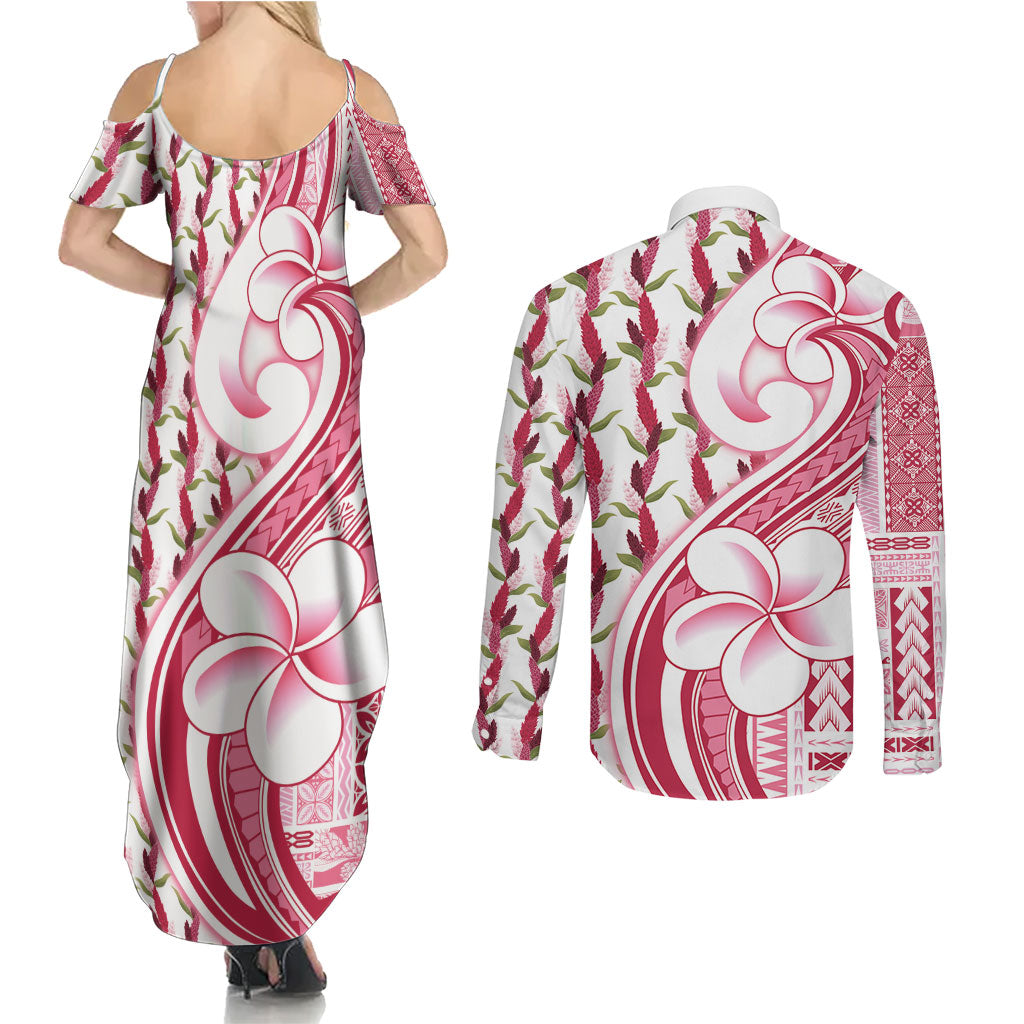 Samoa Teuila Couples Matching Summer Maxi Dress and Long Sleeve Button Shirt White Samoan Siapo Motifs