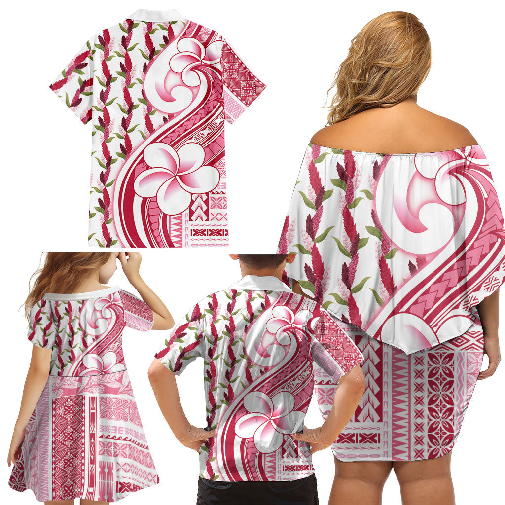 Samoa Teuila Family Matching Off Shoulder Short Dress and Hawaiian Shirt White Samoan Siapo Motifs
