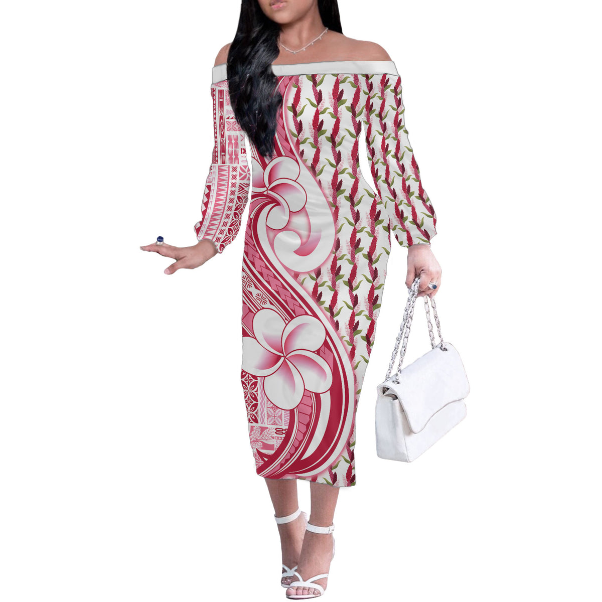 Samoa Teuila Off The Shoulder Long Sleeve Dress White Samoan Siapo Motifs