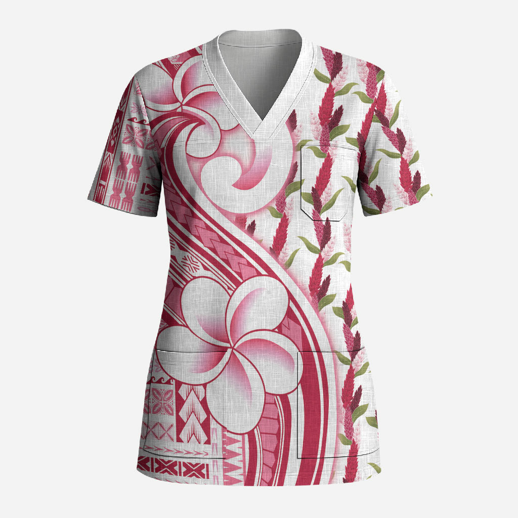 Samoa Teuila Scrub Top White Samoan Siapo Motifs LT05 Adult White - Polynesian Pride