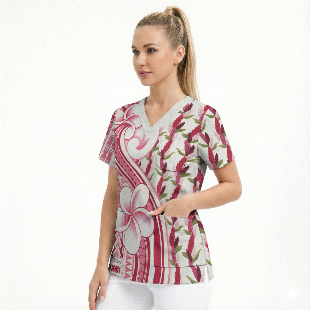 Samoa Teuila Scrub Top White Samoan Siapo Motifs