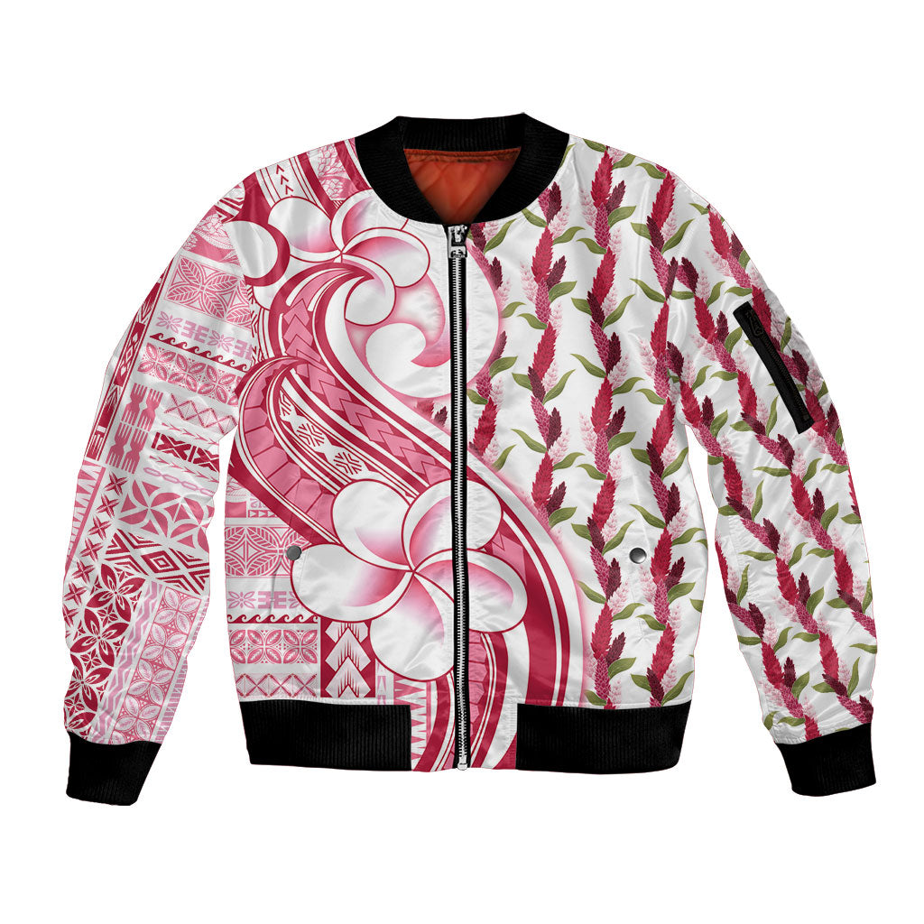 Samoa Teuila Sleeve Zip Bomber Jacket White Samoan Siapo Motifs LT05 Unisex White - Polynesian Pride