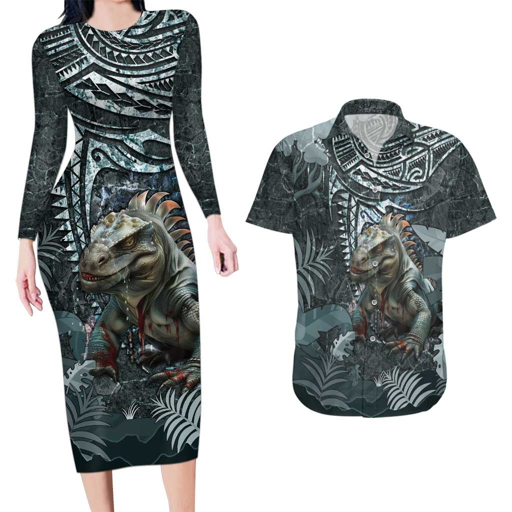 Hawaii Mo'o Lizard God Couples Matching Long Sleeve Bodycon Dress and Hawaiian Shirt Polynesian Style LT05 Green - Polynesian Pride