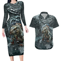 Hawaii Mo'o Lizard God Couples Matching Long Sleeve Bodycon Dress and Hawaiian Shirt Polynesian Style LT05 Green - Polynesian Pride