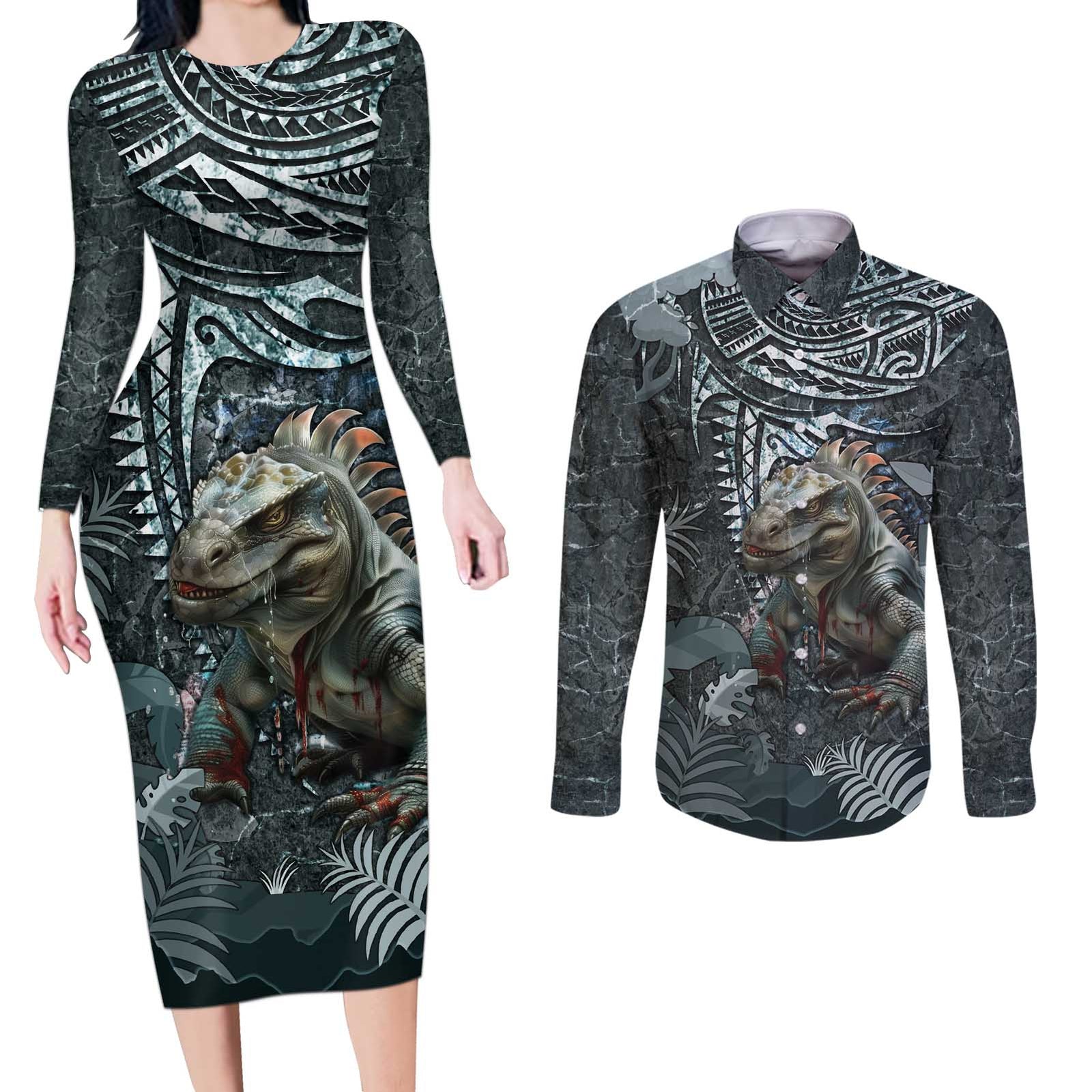 Hawaii Mo'o Lizard God Couples Matching Long Sleeve Bodycon Dress and Long Sleeve Button Shirt Polynesian Style LT05 Green - Polynesian Pride