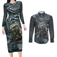 Hawaii Mo'o Lizard God Couples Matching Long Sleeve Bodycon Dress and Long Sleeve Button Shirt Polynesian Style LT05 Green - Polynesian Pride