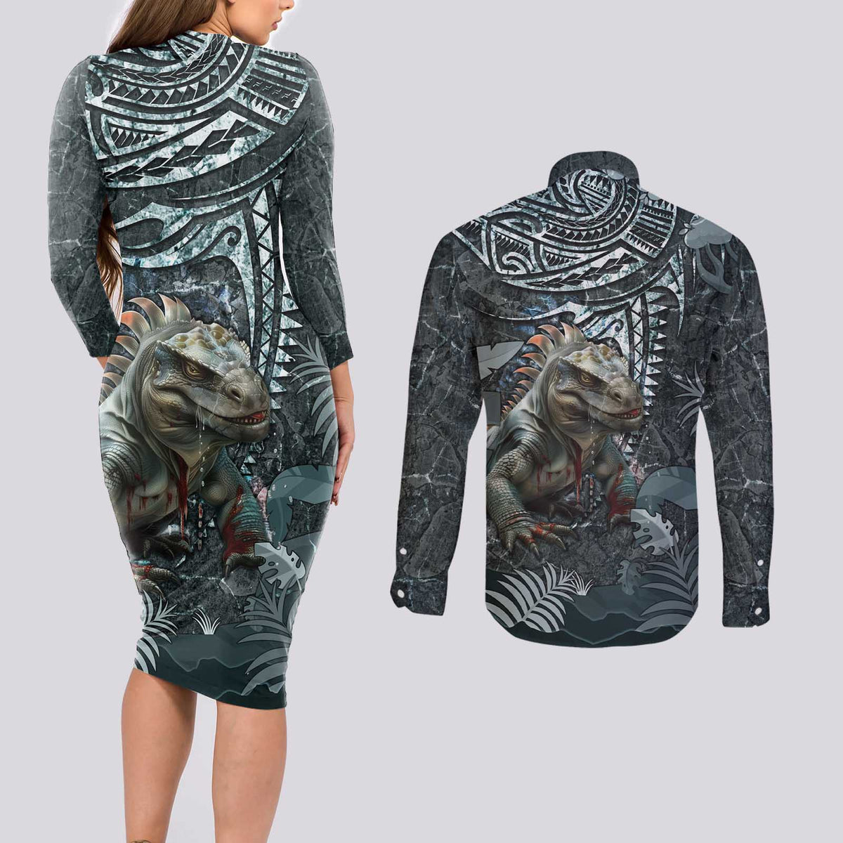 Hawaii Mo'o Lizard God Couples Matching Long Sleeve Bodycon Dress and Long Sleeve Button Shirt Polynesian Style LT05 - Polynesian Pride
