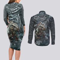 Hawaii Mo'o Lizard God Couples Matching Long Sleeve Bodycon Dress and Long Sleeve Button Shirt Polynesian Style LT05 - Polynesian Pride