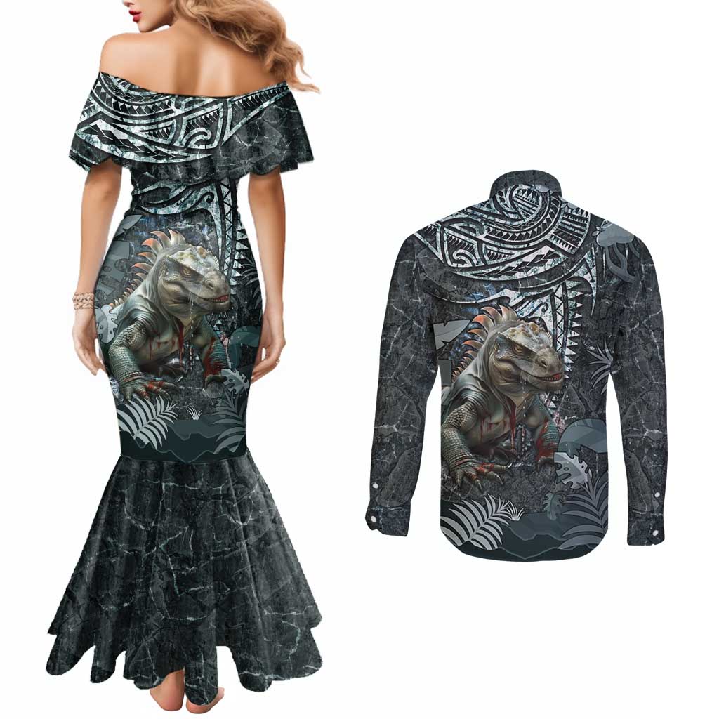 Hawaii Mo'o Lizard God Couples Matching Mermaid Dress and Long Sleeve Button Shirt Polynesian Style LT05 - Polynesian Pride