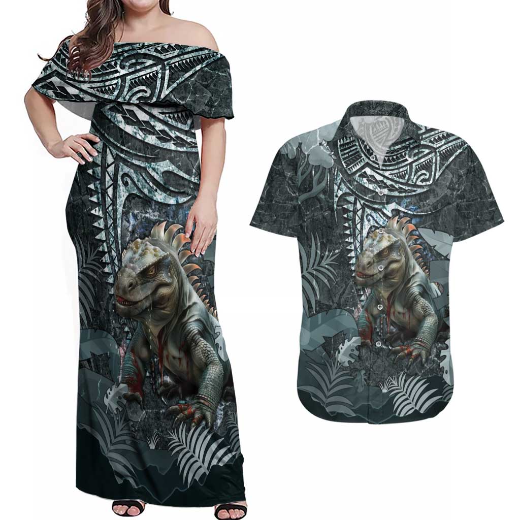 Hawaii Mo'o Lizard God Couples Matching Off Shoulder Maxi Dress and Hawaiian Shirt Polynesian Style