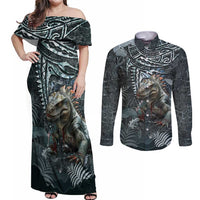 Hawaii Mo'o Lizard God Couples Matching Off Shoulder Maxi Dress and Long Sleeve Button Shirt Polynesian Style LT05 Green - Polynesian Pride