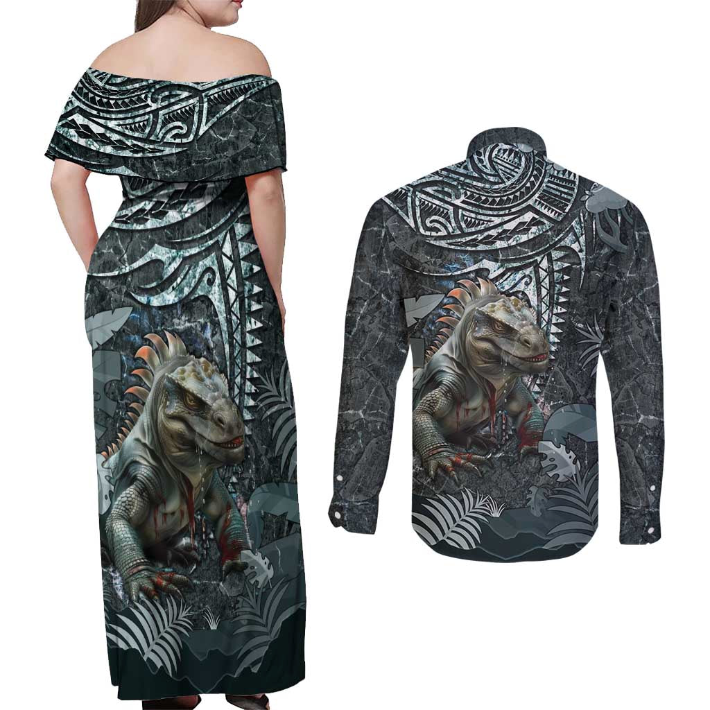 Hawaii Mo'o Lizard God Couples Matching Off Shoulder Maxi Dress and Long Sleeve Button Shirt Polynesian Style LT05 - Polynesian Pride
