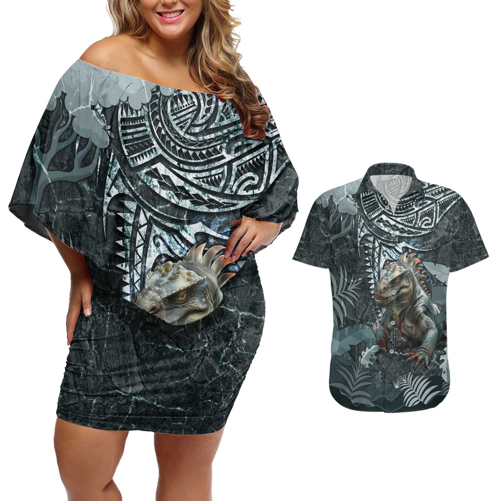 Hawaii Mo'o Lizard God Couples Matching Off Shoulder Short Dress and Hawaiian Shirt Polynesian Style LT05 Green - Polynesian Pride