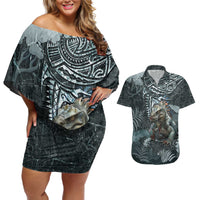 Hawaii Mo'o Lizard God Couples Matching Off Shoulder Short Dress and Hawaiian Shirt Polynesian Style LT05 Green - Polynesian Pride