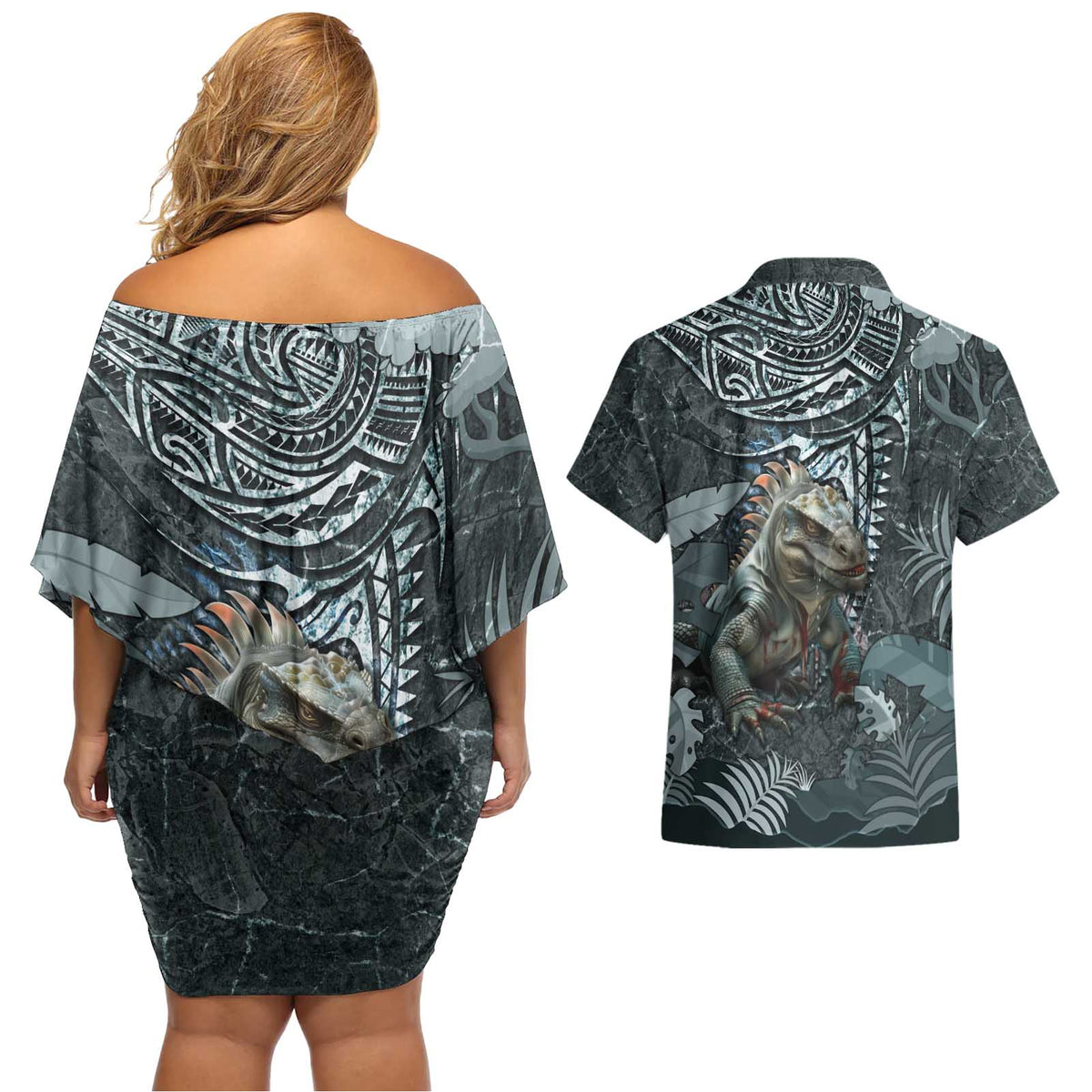 Hawaii Mo'o Lizard God Couples Matching Off Shoulder Short Dress and Hawaiian Shirt Polynesian Style LT05 - Polynesian Pride