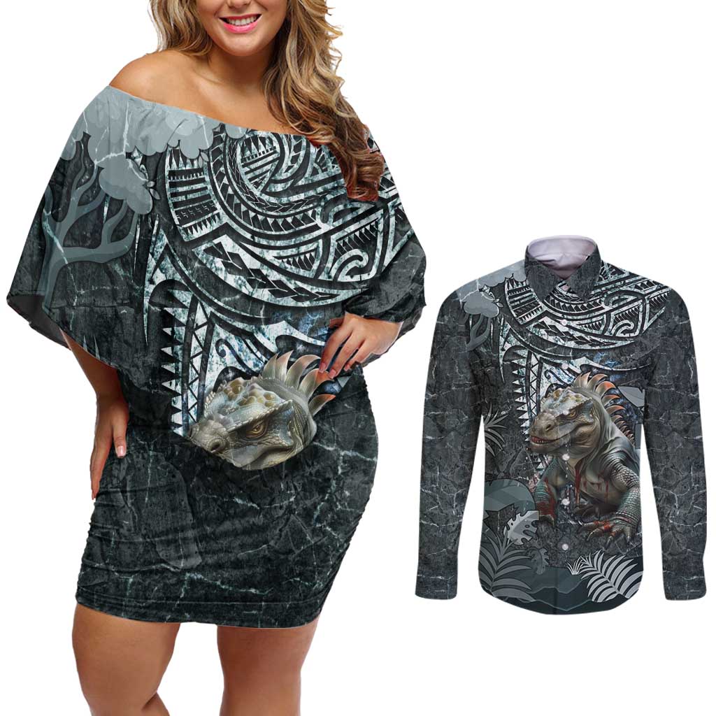 Hawaii Mo'o Lizard God Couples Matching Off Shoulder Short Dress and Long Sleeve Button Shirt Polynesian Style LT05 Green - Polynesian Pride