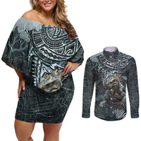 Hawaii Mo'o Lizard God Couples Matching Off Shoulder Short Dress and Long Sleeve Button Shirt Polynesian Style LT05 Green - Polynesian Pride