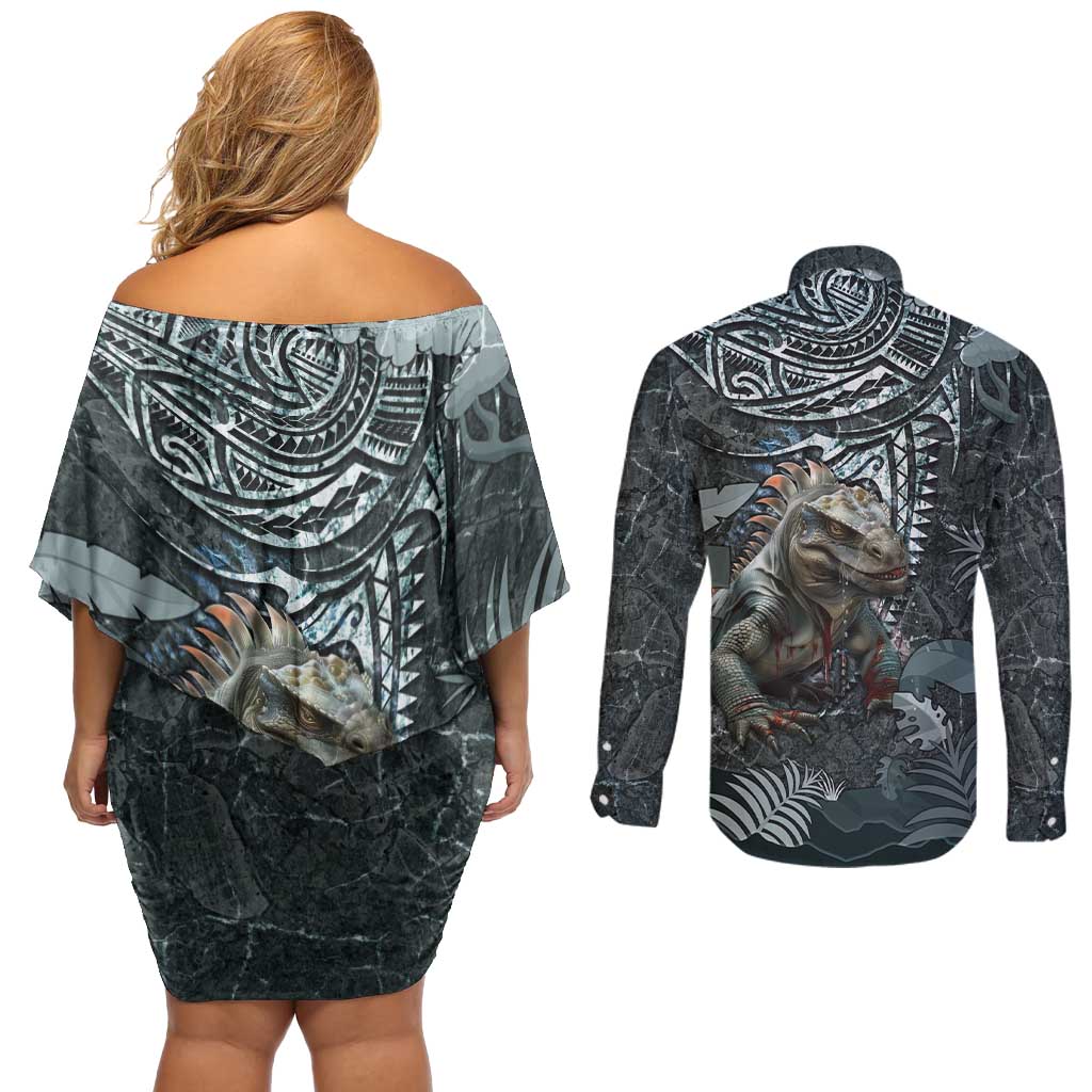 Hawaii Mo'o Lizard God Couples Matching Off Shoulder Short Dress and Long Sleeve Button Shirt Polynesian Style LT05 - Polynesian Pride