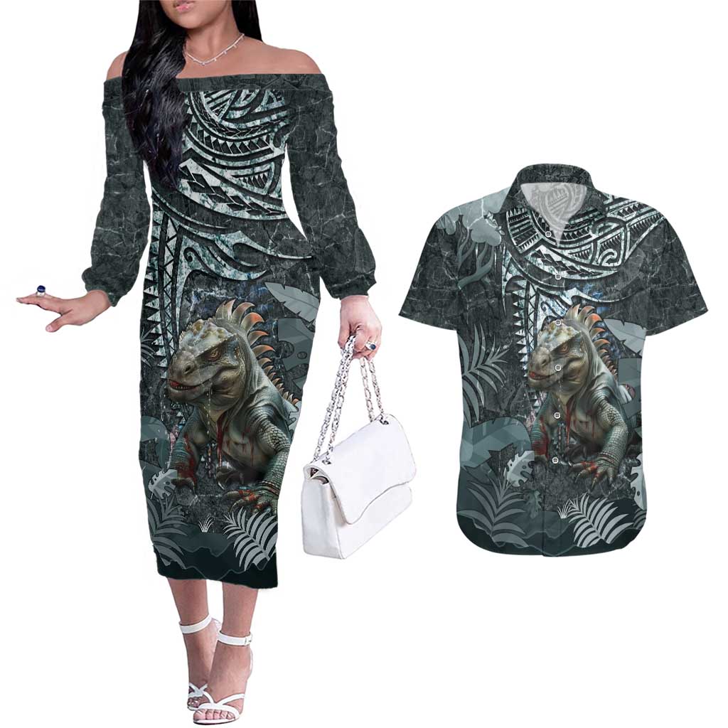 Hawaii Mo'o Lizard God Couples Matching Off The Shoulder Long Sleeve Dress and Hawaiian Shirt Polynesian Style LT05 Green - Polynesian Pride
