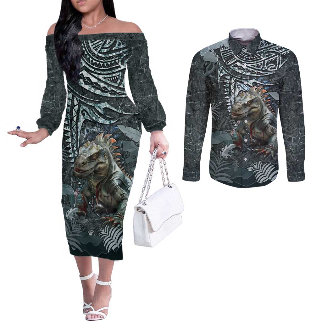 Hawaii Mo'o Lizard God Couples Matching Off The Shoulder Long Sleeve Dress and Long Sleeve Button Shirt Polynesian Style LT05 Green - Polynesian Pride
