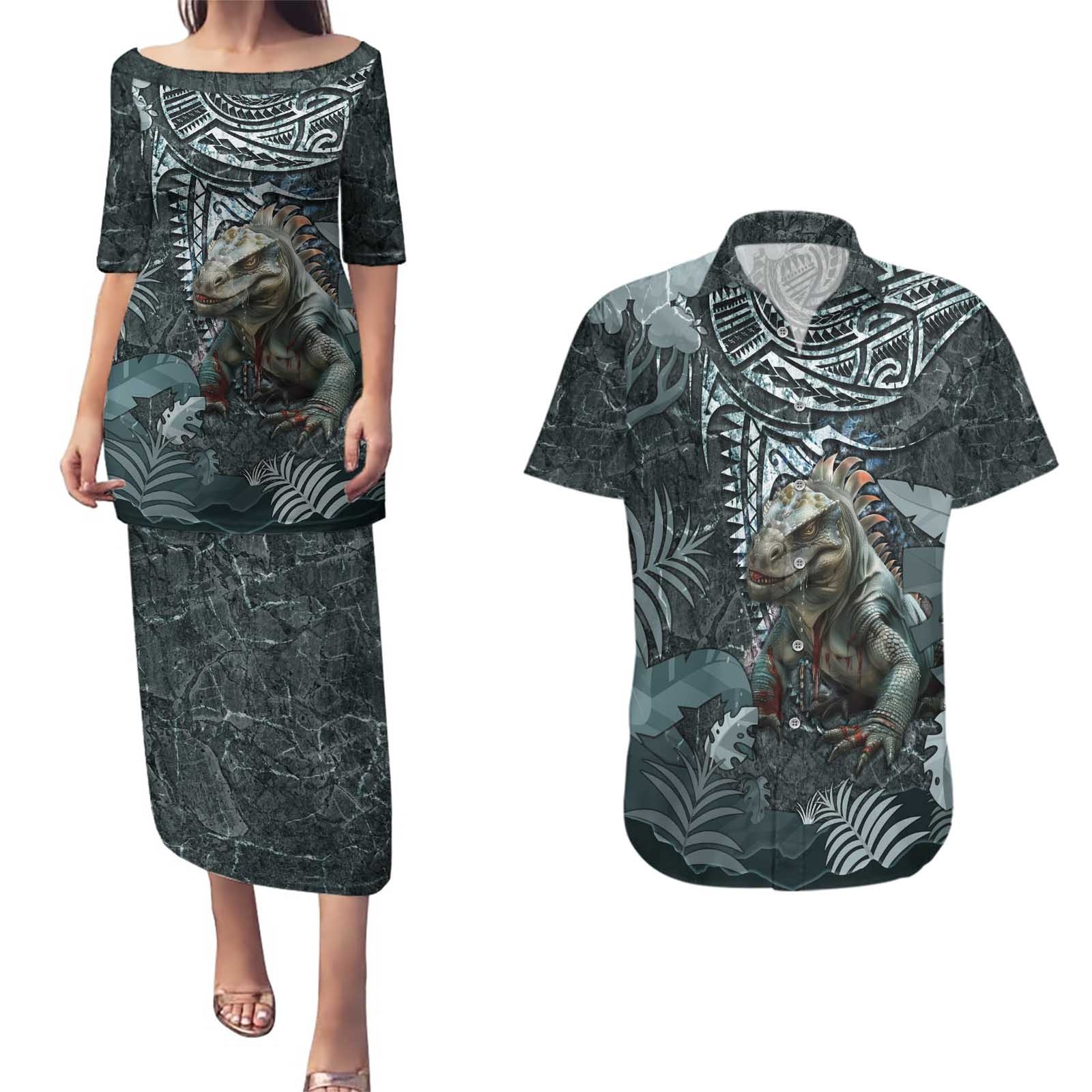 Hawaii Mo'o Lizard God Couples Matching Puletasi and Hawaiian Shirt Polynesian Style LT05 Green - Polynesian Pride