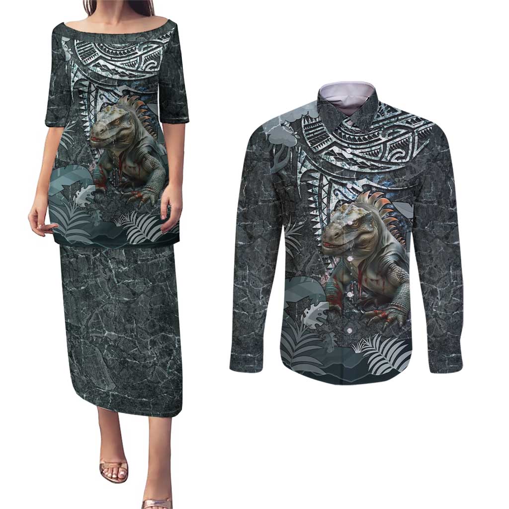 Hawaii Mo'o Lizard God Couples Matching Puletasi and Long Sleeve Button Shirt Polynesian Style LT05 Green - Polynesian Pride