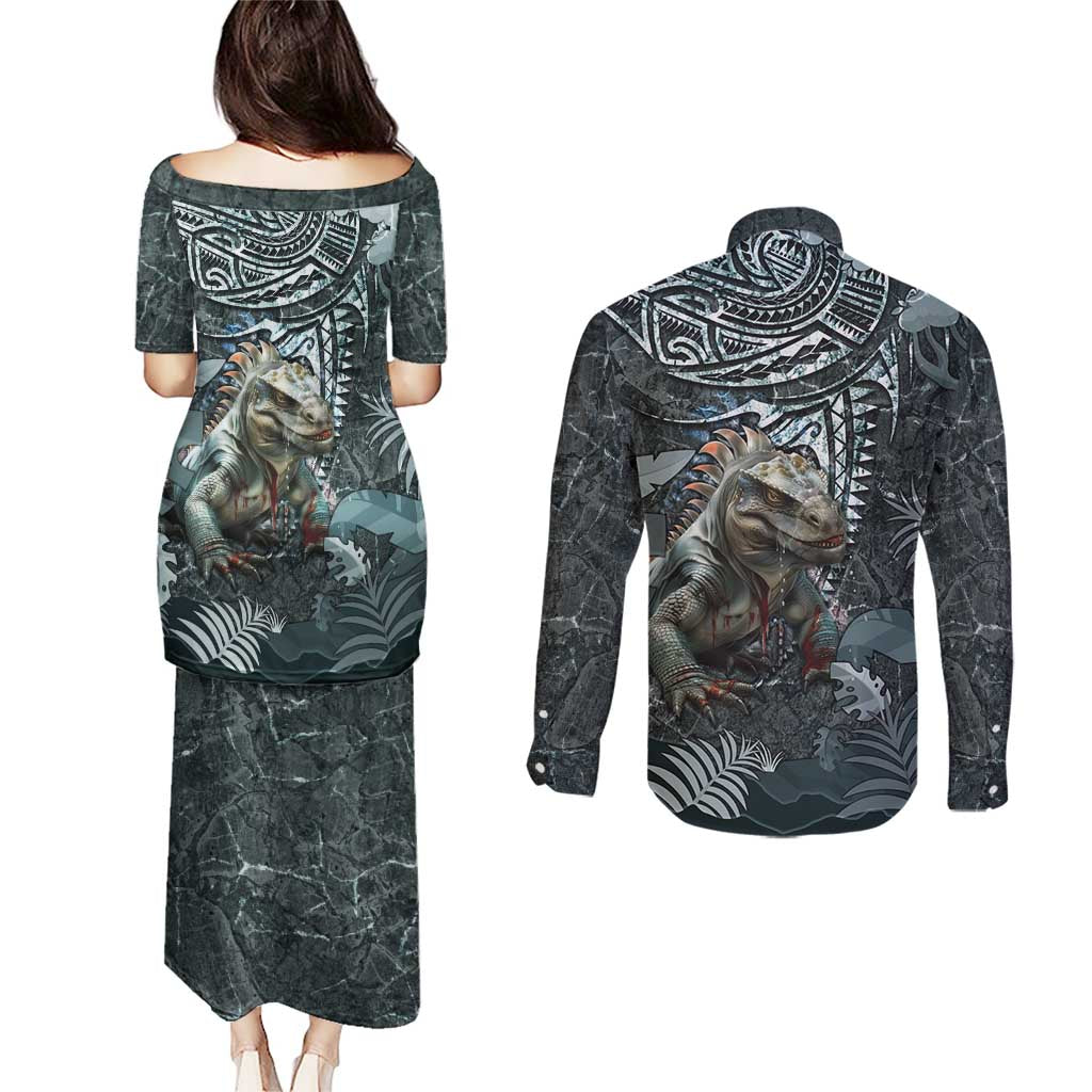 Hawaii Mo'o Lizard God Couples Matching Puletasi and Long Sleeve Button Shirt Polynesian Style LT05 - Polynesian Pride