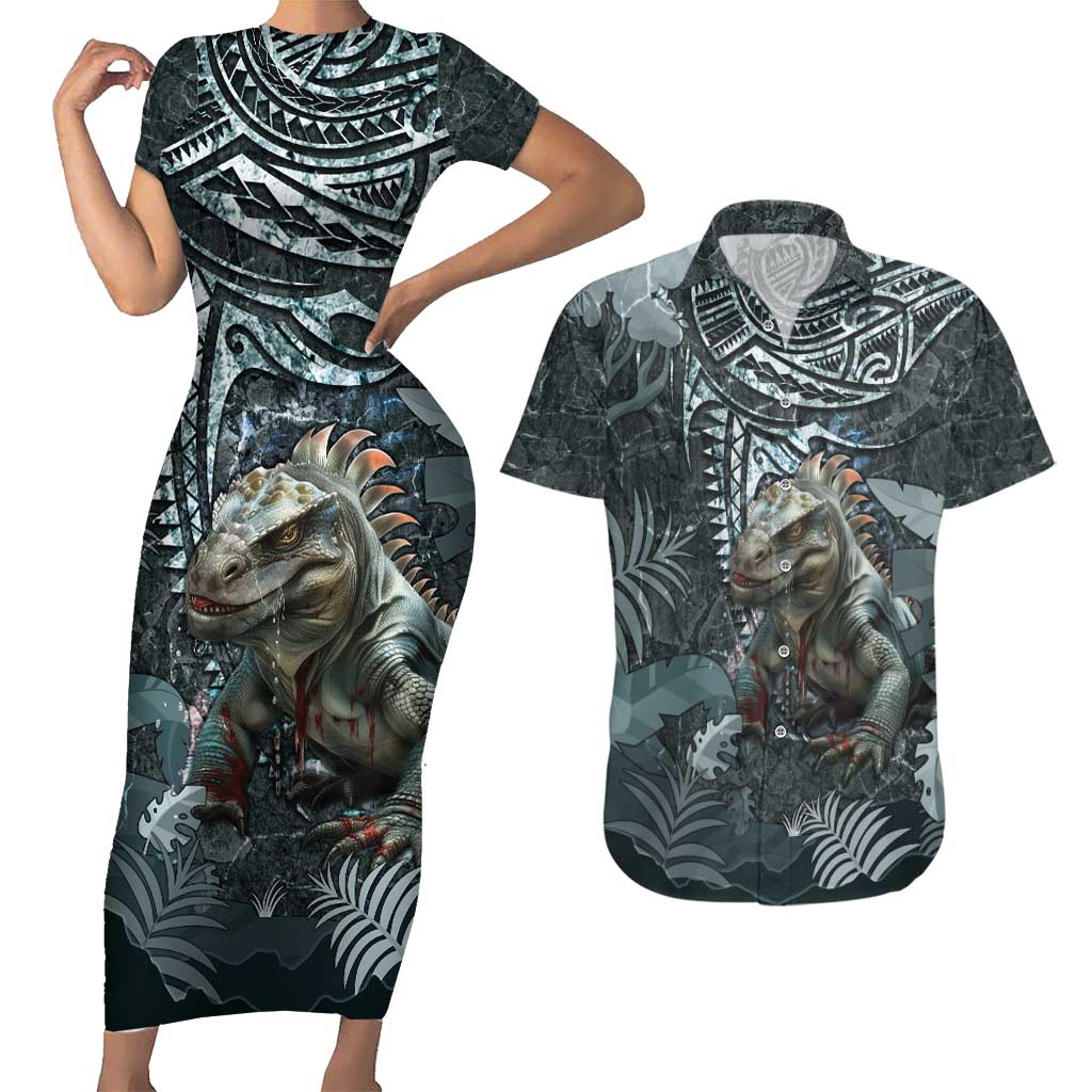 Hawaii Mo'o Lizard God Couples Matching Short Sleeve Bodycon Dress and Hawaiian Shirt Polynesian Style LT05 Green - Polynesian Pride