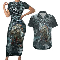Hawaii Mo'o Lizard God Couples Matching Short Sleeve Bodycon Dress and Hawaiian Shirt Polynesian Style LT05 Green - Polynesian Pride