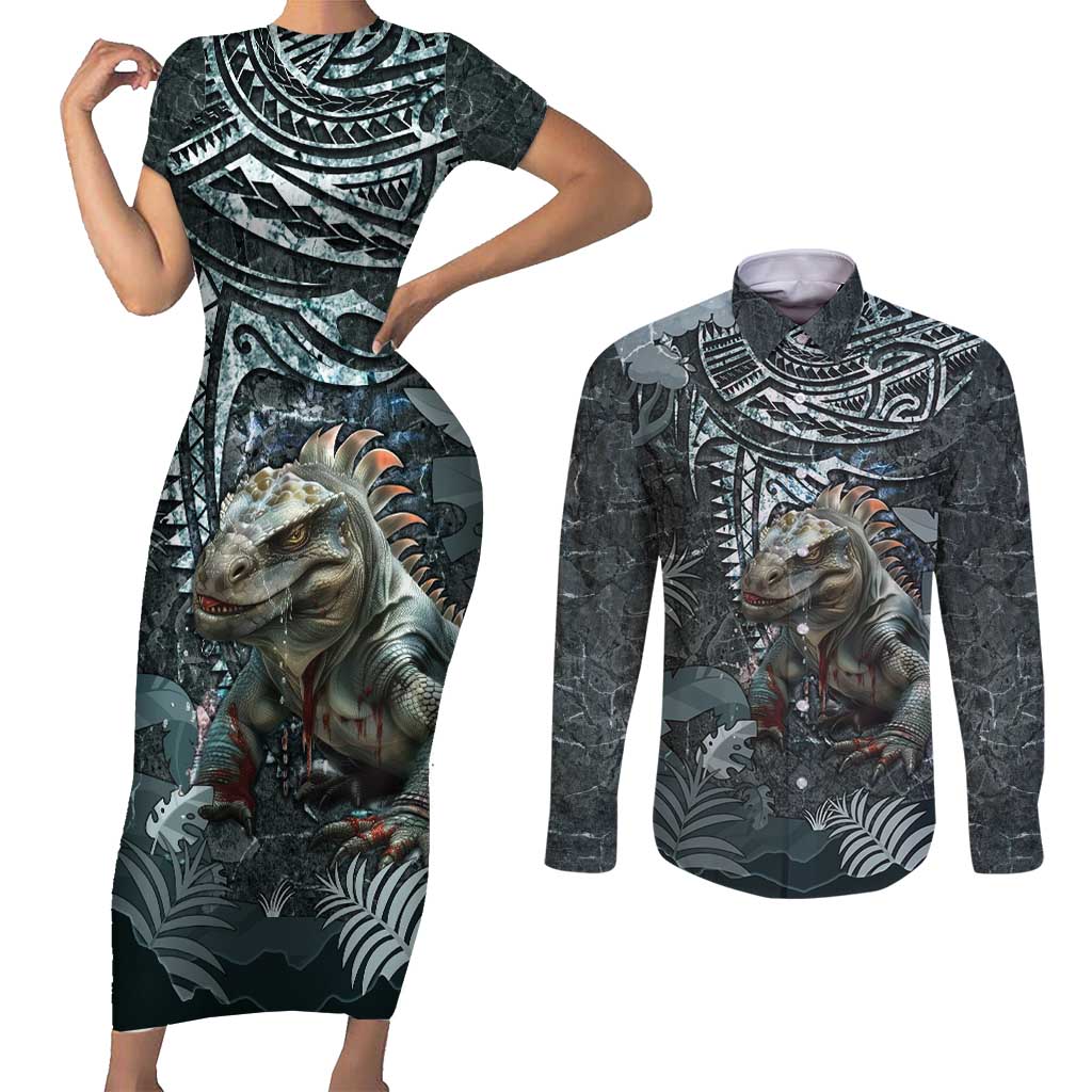 Hawaii Mo'o Lizard God Couples Matching Short Sleeve Bodycon Dress and Long Sleeve Button Shirt Polynesian Style LT05 Green - Polynesian Pride