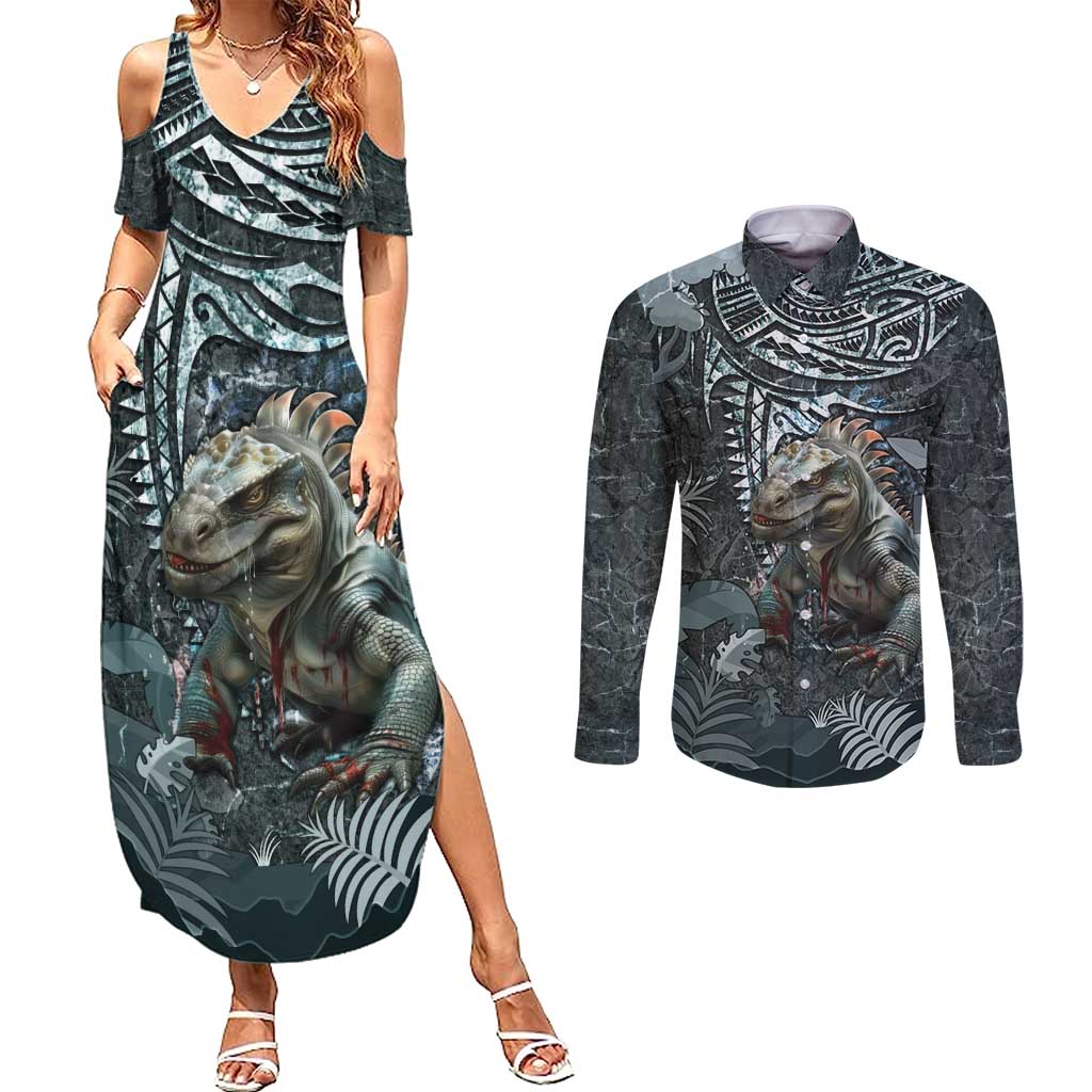 Hawaii Mo'o Lizard God Couples Matching Summer Maxi Dress and Long Sleeve Button Shirt Polynesian Style LT05 Green - Polynesian Pride