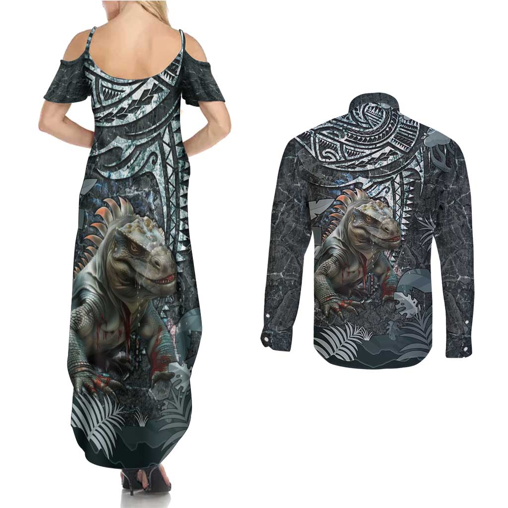 Hawaii Mo'o Lizard God Couples Matching Summer Maxi Dress and Long Sleeve Button Shirt Polynesian Style LT05 - Polynesian Pride