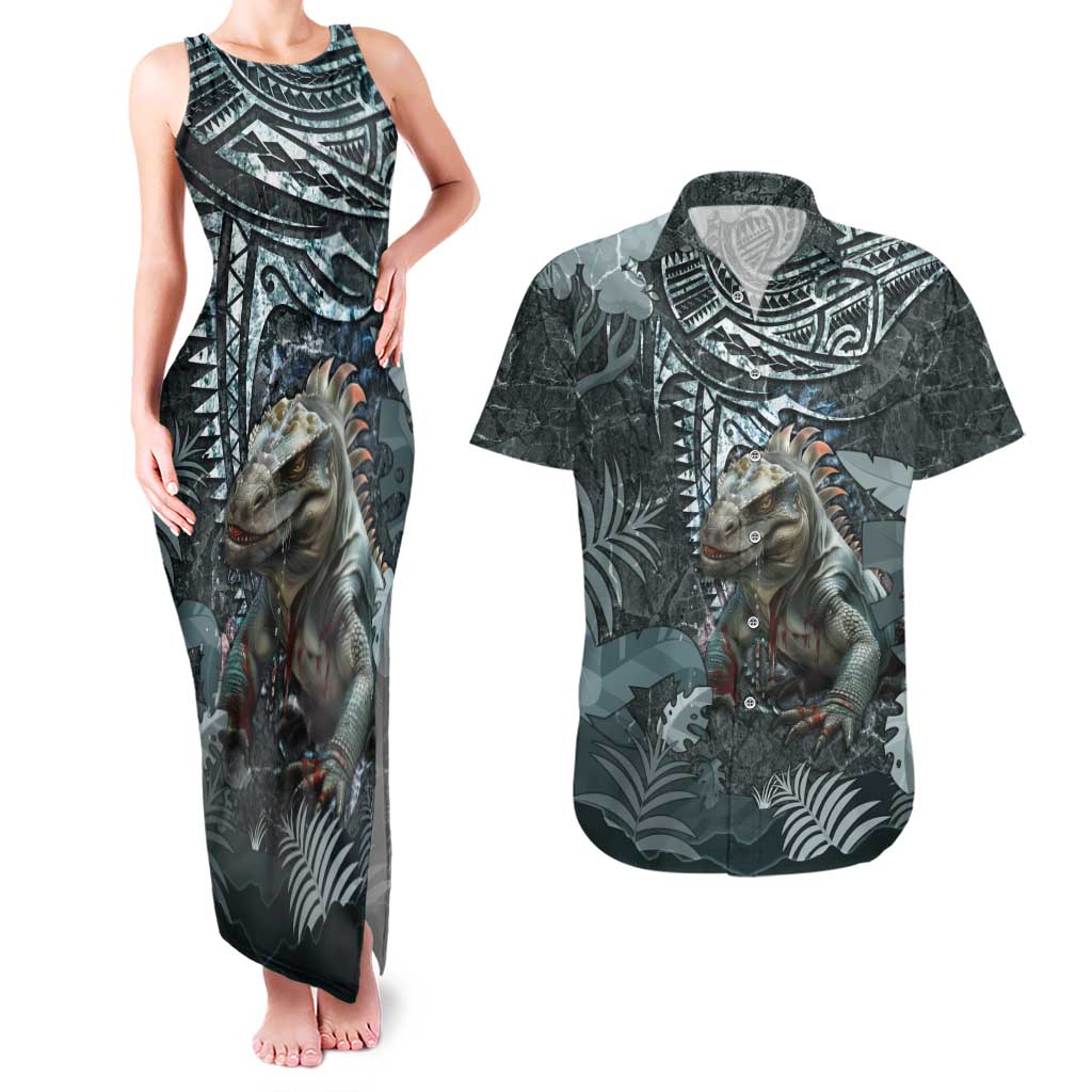 Hawaii Mo'o Lizard God Couples Matching Tank Maxi Dress and Hawaiian Shirt Polynesian Style LT05 Green - Polynesian Pride