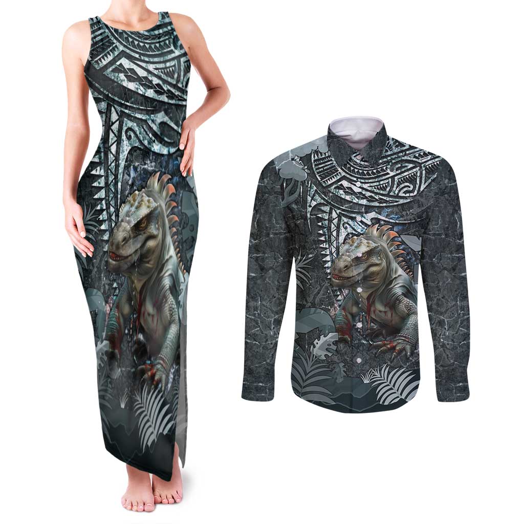 Hawaii Mo'o Lizard God Couples Matching Tank Maxi Dress and Long Sleeve Button Shirt Polynesian Style LT05 Green - Polynesian Pride
