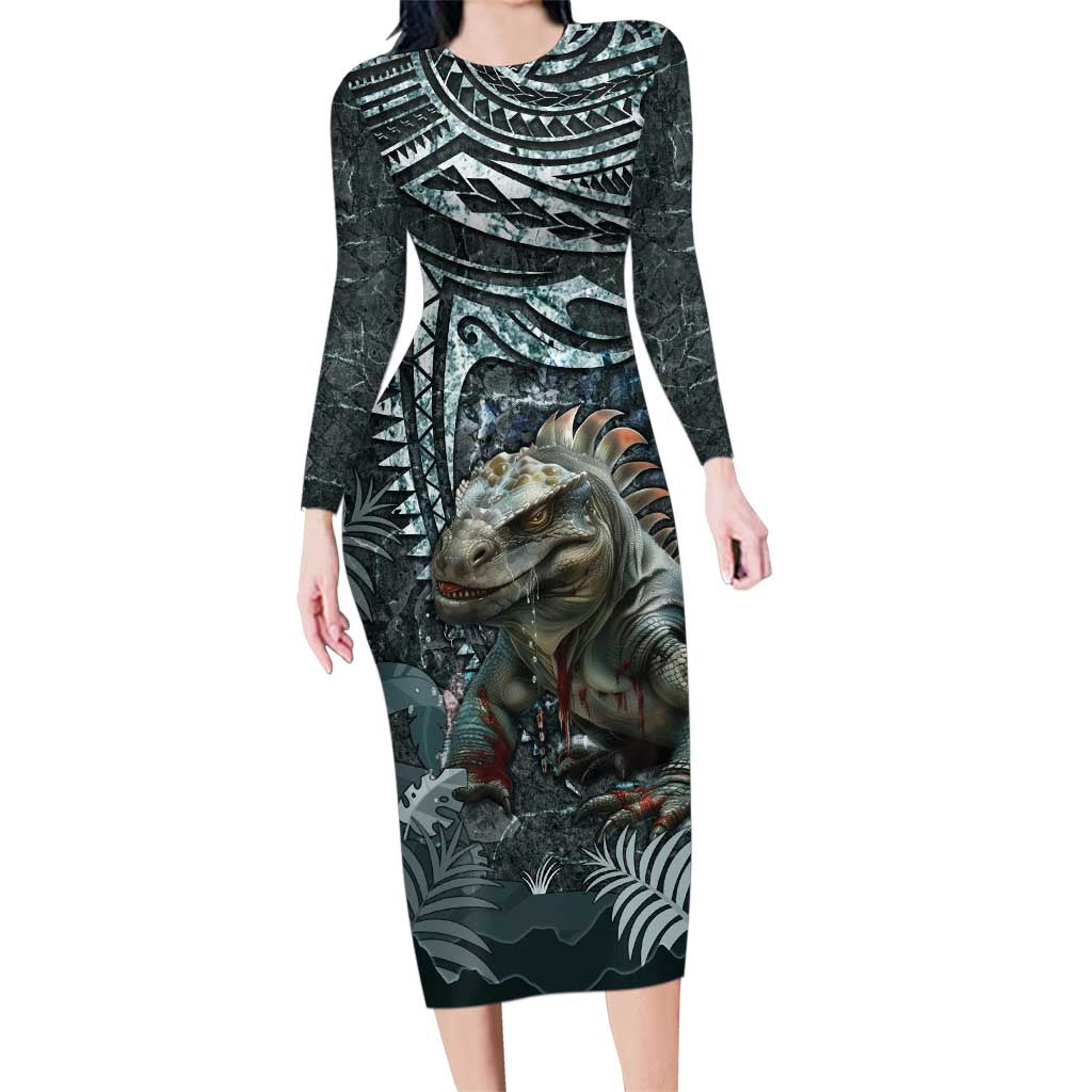 Hawaii Mo'o Lizard God Family Matching Long Sleeve Bodycon Dress and Hawaiian Shirt Polynesian Style LT05 Mom's Dress Green - Polynesian Pride