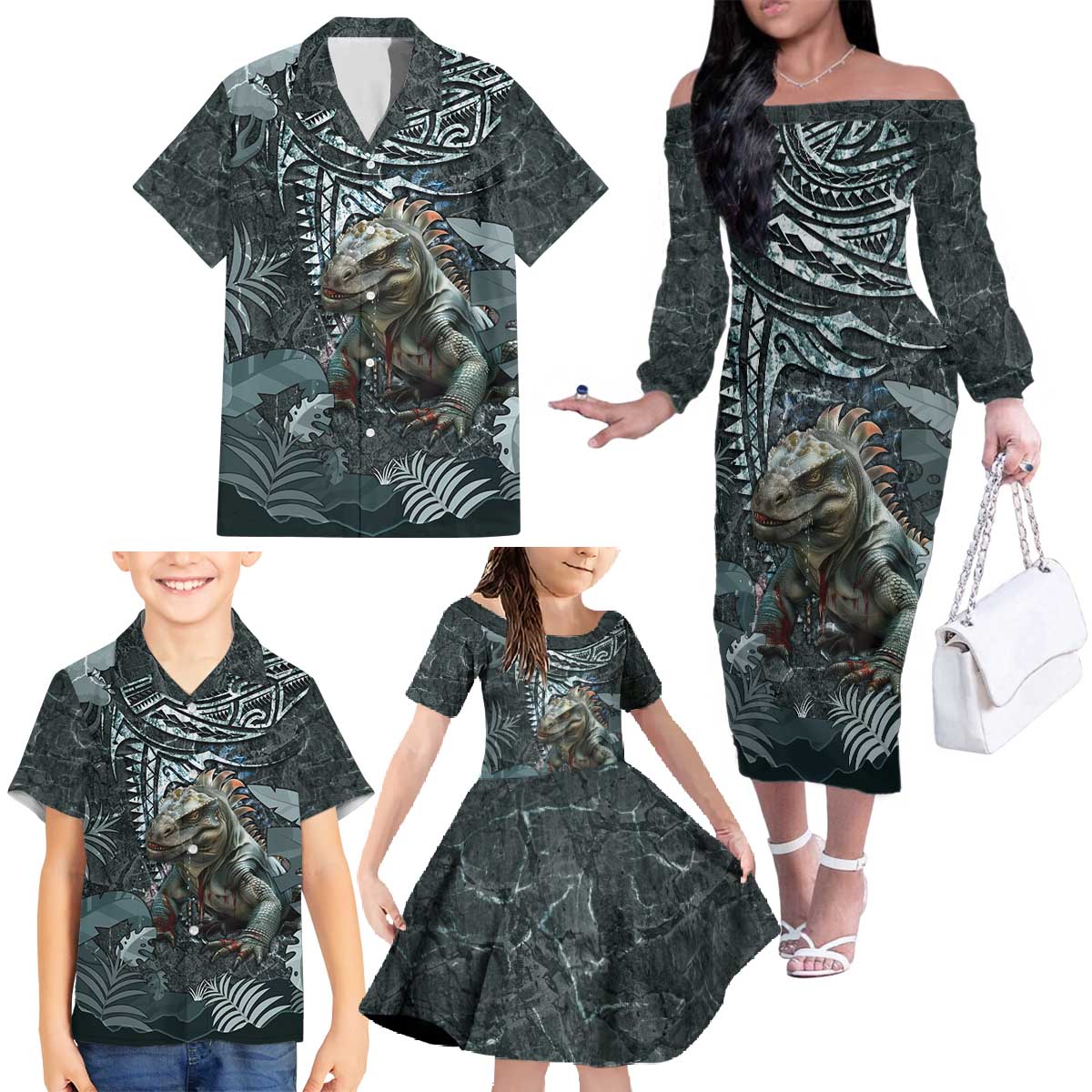 Hawaii Mo'o Lizard God Family Matching Off The Shoulder Long Sleeve Dress and Hawaiian Shirt Polynesian Style