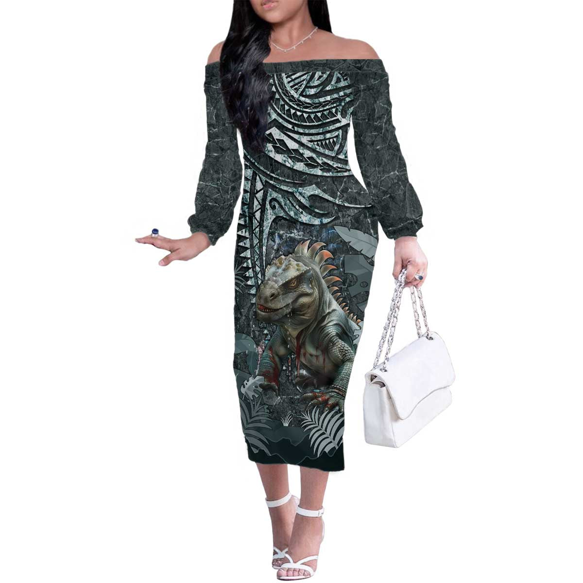 Hawaii Mo'o Lizard God Family Matching Off The Shoulder Long Sleeve Dress and Hawaiian Shirt Polynesian Style