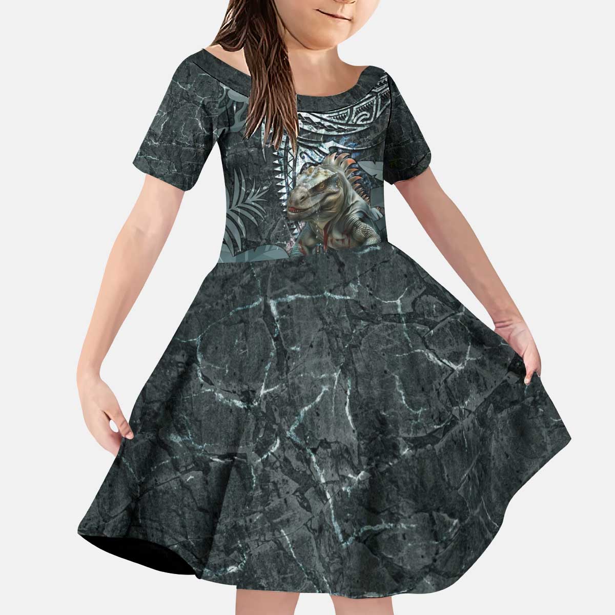 Hawaii Mo'o Lizard God Family Matching Puletasi and Hawaiian Shirt Polynesian Style LT05 Daughter's Dress Green - Polynesian Pride