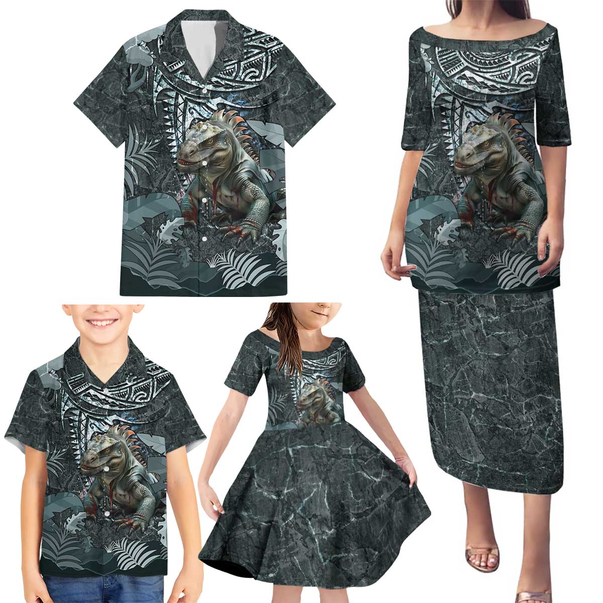 Hawaii Mo'o Lizard God Family Matching Puletasi and Hawaiian Shirt Polynesian Style LT05 - Polynesian Pride