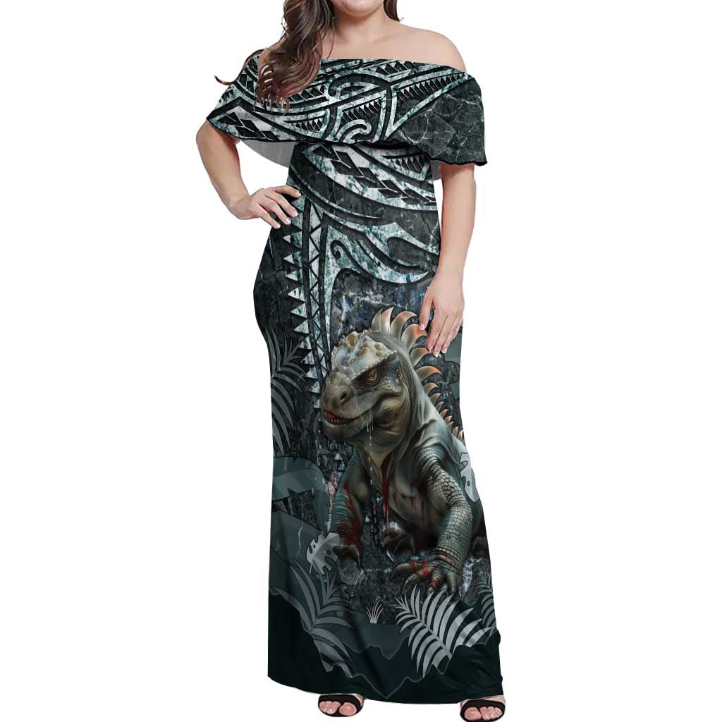 Hawaii Mo'o Lizard God Off Shoulder Maxi Dress Polynesian Style LT05 Women Green - Polynesian Pride