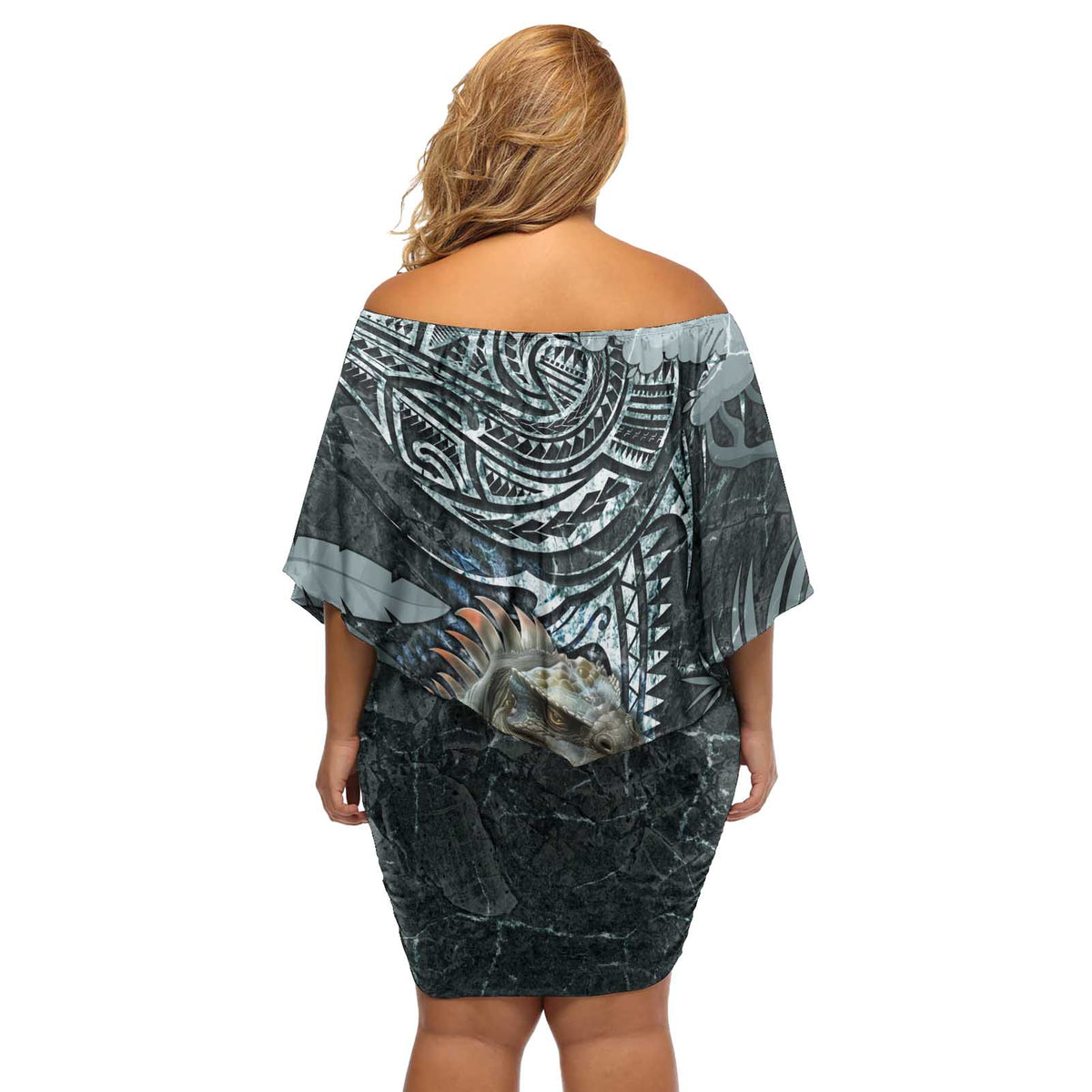 Hawaii Mo'o Lizard God Off Shoulder Short Dress Polynesian Style LT05 - Polynesian Pride