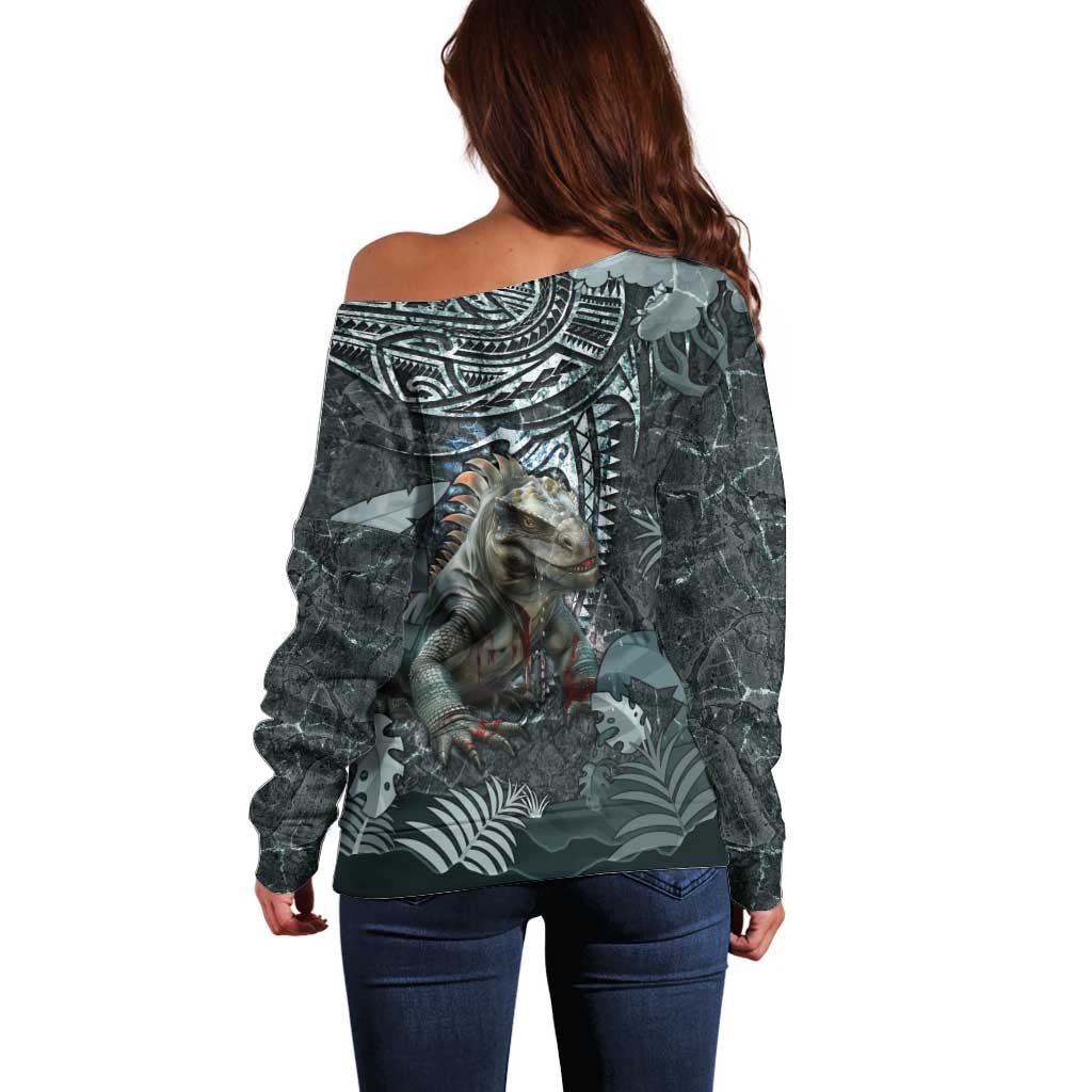 Hawaii Mo'o Lizard God Off Shoulder Sweater Polynesian Style