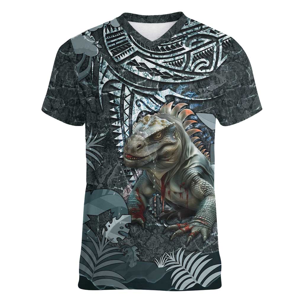 Hawaii Mo'o Lizard God Women V-Neck T-Shirt Polynesian Style