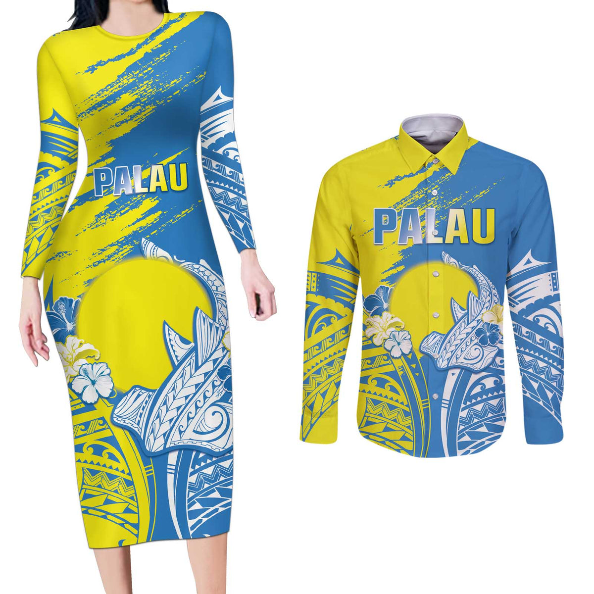 Palau Independence Day Couples Matching Long Sleeve Bodycon Dress and Long Sleeve Button Shirt Happy 30th Anniversary