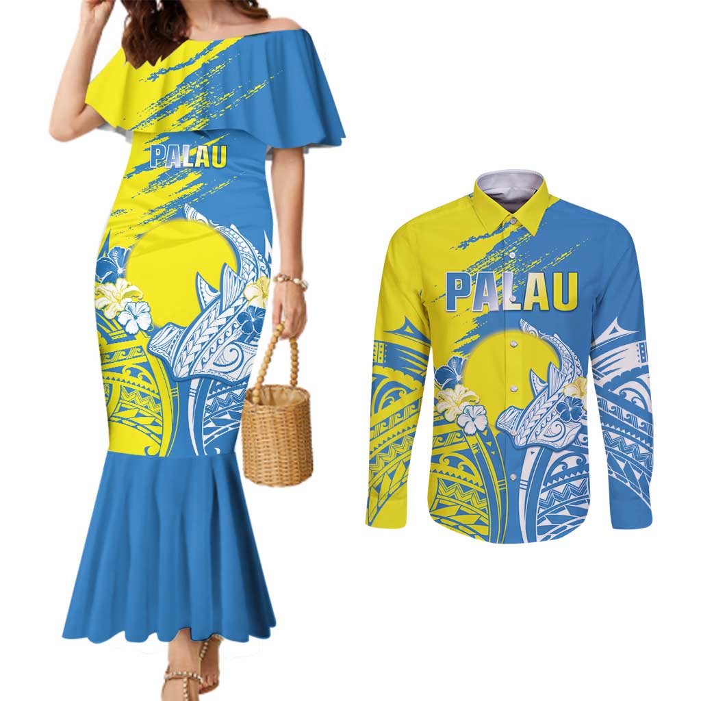 Palau Independence Day Couples Matching Mermaid Dress and Long Sleeve Button Shirt Happy 30th Anniversary