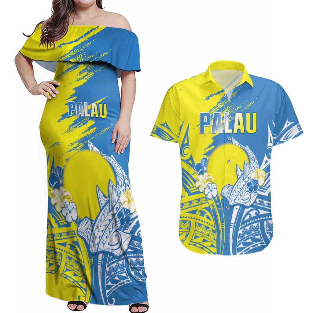 Palau Independence Day Couples Matching Off Shoulder Maxi Dress and Hawaiian Shirt Happy 30th Anniversary