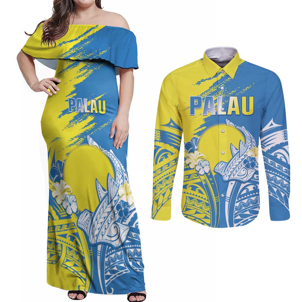 Palau Independence Day Couples Matching Off Shoulder Maxi Dress and Long Sleeve Button Shirt Happy 30th Anniversary